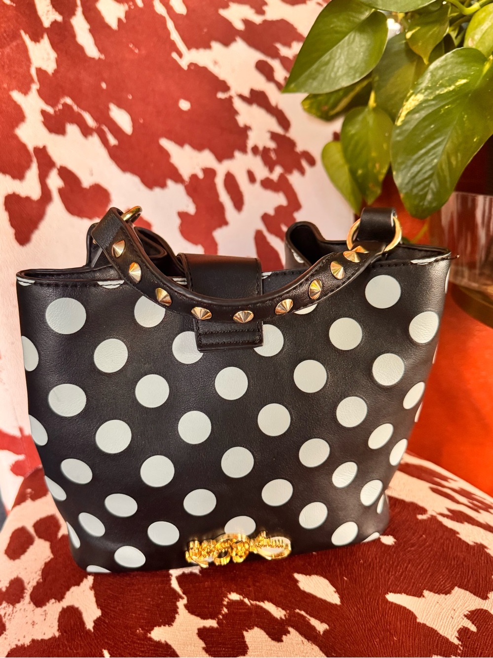 Black Polka Dot Bow Bucket Bag - Women's Shoulder Handbag - Picture 3 of 12